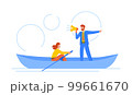 Progress, Movement And Advancement Concept. Woman Rowing Steadily Towards A Clear Destination With Guidance Of Leader 99661670