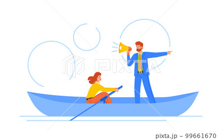 Progress, Movement And Advancement Concept. Woman Rowing Steadily Towards A Clear Destination With Guidance Of Leader 99661670