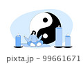 Female Character Meditate with Feng Shui Symbols Yin Yang and Candles around. Woman Meditating in Lotus Pose, Yoga 99661671