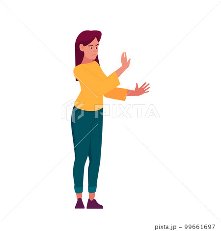 Female Character Expresses Intense Frustration And Anger By Yelling Loudly With A Raised Voice and Gesturing Hands. Female Character Expresses Intense Frustration And Anger By Yelling Loudly With A Raised Voice and Gesturing Hands. 99661697