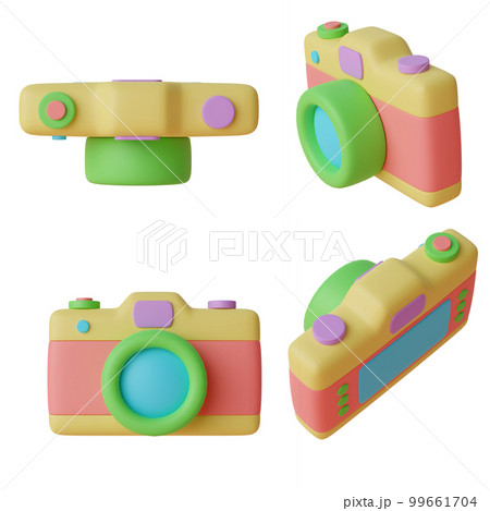 Set of cute colorful digital cameras in cartoon style like toys with clipping path 3d render Set of cute colorful digital cameras in cartoon style like toys with clipping path 3d render 99661704