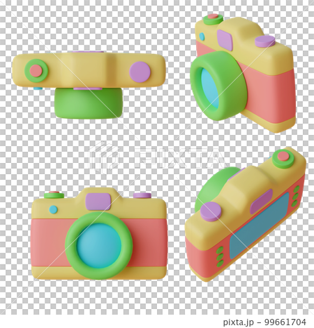Set of cute colorful digital cameras in cartoon style like toys with clipping path 3d render Set of cute colorful digital cameras in cartoon style like toys with clipping path 3d render 99661704