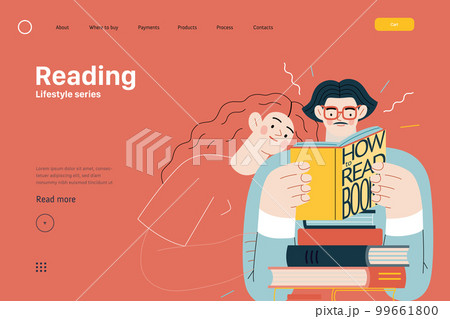 Lifestyle web template - Reading - modern flat vector illustration of a man and a woman reading the books. People activities concept 99661800