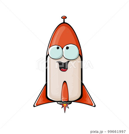 Rocket spaceship character. Cartoon space rocket isolated on white background. Funky spaceship and shuttle character with eyes and mouth. Vector retro space ship clip art, emoji, label and sticker 99661997