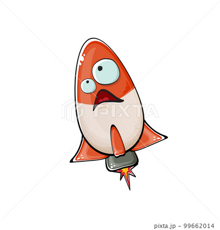 Rocket spaceship character. Cartoon space rocket isolated on white background. Funky spaceship and shuttle character with eyes and mouth. Vector retro space ship clip art, emoji, label and sticker 99662014