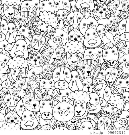 Farm animals black and white seamless pattern. Cute farm characters coloring page 99662312