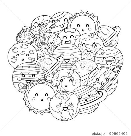 Cute planets circle shape pattern. Solar system planets coloring page Cute planets circle shape pattern. Solar system planets coloring page 99662402