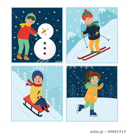 Winter activities set with cute kids making snowman, skiing, sliding on a sled and ice skating 99662414