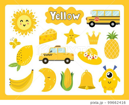 Set of yellow color objects. Primary colors flashcard with yellow elements Set of yellow color objects. Primary colors flashcard with yellow elements 99662416