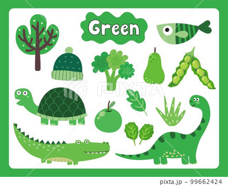 Set of green color objects. Primary colors flashcard with green elements 99662424