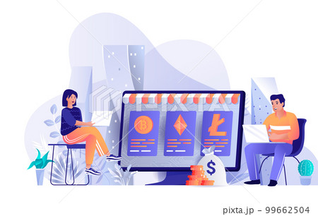 Cryptocurrency marketplace concept in flat design. Crypto currency exchange, financial transaction scene template. Man and woman on laptops mining. Vector illustration of people characters activities 99662504