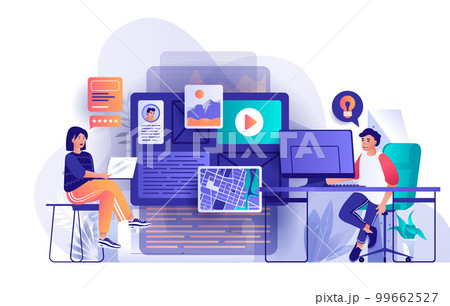 Creative agency concept in flat design. Business promotion with advertising campaigns scene template. Man and woman working, creating content. Vector illustration of people characters activities Creative agency concept in flat design. Business promotion with advertising campaigns scene template. Man and woman working, creating content. Vector illustration of people characters activities 99662527