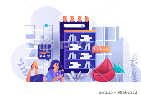 Online library concept in flat design. Bookshelves online store or e-books scene template. Woman reading from smartphone screen, education, leisure. Vector illustration of people characters activities Online library concept in flat design. Bookshelves online store or e-books scene template. Woman reading from smartphone screen, education, leisure. Vector illustration of people characters activities 99662552