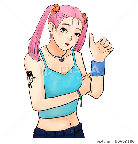 親指を立てて舌を出すピンク髪ツインテールの女性 99663186