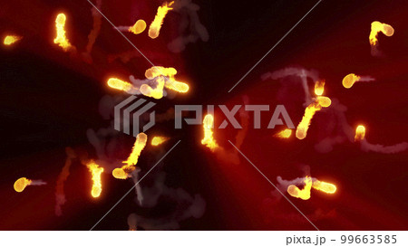 3D rendering of multi-colored fireballs flying along a complex trajectory 99663585
