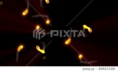 3D rendering of multi-colored fireballs flying along a complex trajectory 99663586