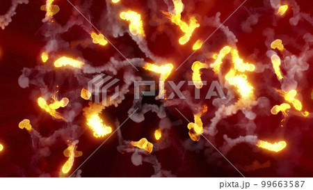 3D rendering of multi-colored fireballs flying along a complex trajectory 3D rendering of multi-colored fireballs flying along a complex trajectory 99663587