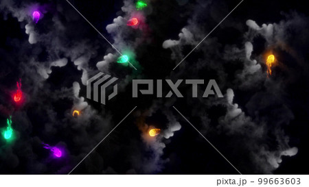 3D rendering of fireballs flying along a complex trajectory 99663603