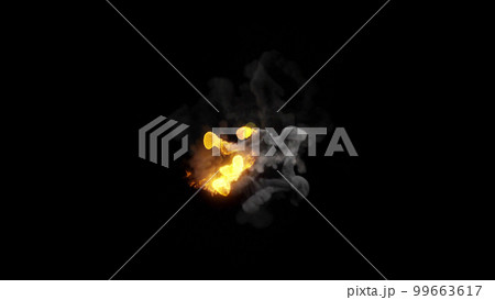 3D rendering of multi-colored fireballs flying along a complex trajectory 99663617