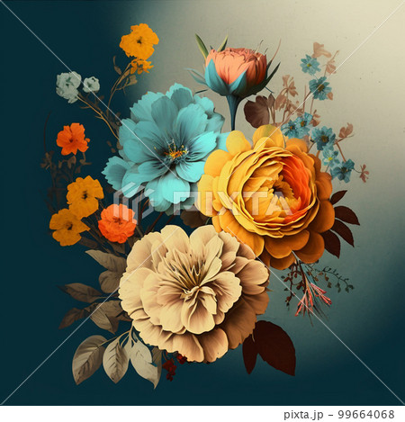 Teal, blue and yellow watercolor flowers with green stems and leaves. Realistic art background. 99664068