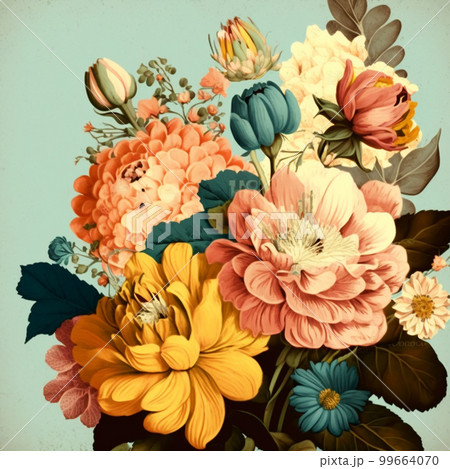 Teal, blue and yellow watercolor flowers with green stems and leaves. Realistic art background. 99664070
