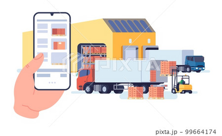 Warehouse with trucks and cargo crates. Storehouse shipping control. Freight distribution. Mobile app. Cardboard boxes shipment. Forklift or lorry. Logistics management. Vector concept Warehouse with trucks and cargo crates. Storehouse shipping control. Freight distribution. Mobile app. Cardboard boxes shipment. Forklift or lorry. Logistics management. Vector concept 99664174