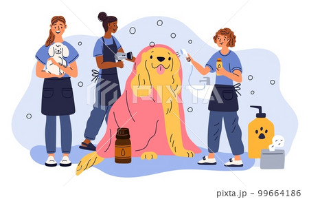 Pet care services. Grooming salon. Professionals give haircut to big dog. People combing long puppy hair. Domestic animals. Veterinary work. Canine hairdressers. Garish vector concept 99664186