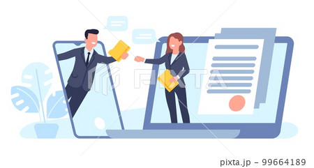 Online document exchange business partners. Devices connection. Data transfer. Workers with folders. Laptop and smartphone. Employees send pages. Computer technology. Vector concept Online document exchange business partners. Devices connection. Data transfer. Workers with folders. Laptop and smartphone. Employees send pages. Computer technology. Vector concept 99664189