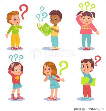 Kids with question. Little inquisitive girls or boys. Thoughtful children with interrogation marks. Curious young students. Searching solution. Education trouble. Splendid vector set Kids with question. Little inquisitive girls or boys. Thoughtful children with interrogation marks. Curious young students. Searching solution. Education trouble. Splendid vector set 99664203