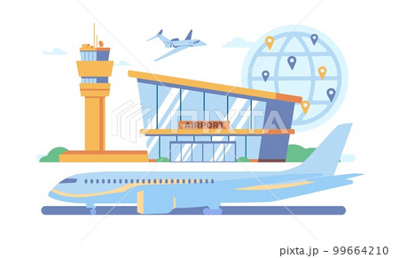 International airport building and runway with airplane. Travel by plane. Air transportation. Departure terminal architecture. Passengers aviation. Map location pins. Vector concept 99664210