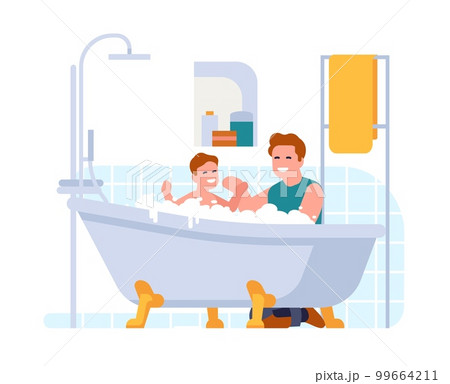Happy father washes his baby. Body hygiene routine. Family bathing. Home interior. People taking bath. Daddy care. Child in bathtub. Son and dad in bathroom. Parent and boy. Vector concept 99664211