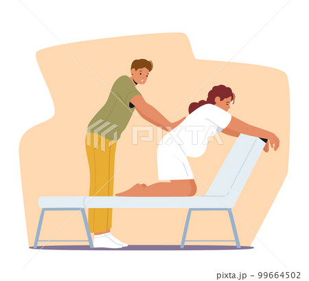 Expectant Couple Characters Preparing For Childbirth In Clinic. Husband Providing Soothing Back Massage To Pregnant Wife 99664502
