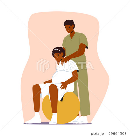 Gravid Woman And Her Spouse Characters Using Fitness Ball To Prepare For Childbirth In Clinic Vector Illustration 99664503