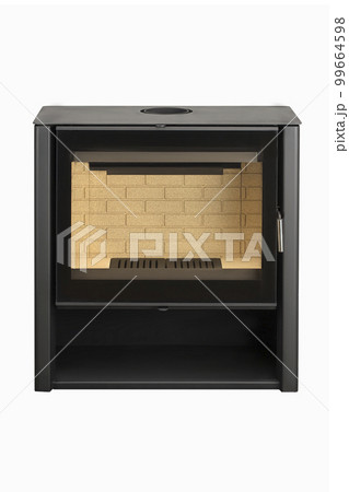 Modern fireplaces for heating from metal and heat-resistant glass. Boiler for solid fuel isolated on white background. 99664598