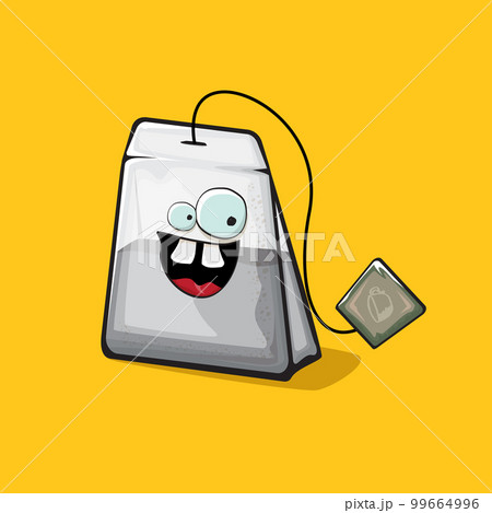 Tea bag character. Cartoon tea bag isolated on orange background. Funky paper tea bag character with eyes and mouth. Vector white teabag clip art, emoji, label and sticker Tea bag character. Cartoon tea bag isolated on orange background. Funky paper tea bag character with eyes and mouth. Vector white teabag clip art, emoji, label and sticker 99664996