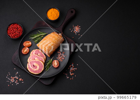 Delicious roll with meat, cheese, mushrooms, spices and herbs 99665179