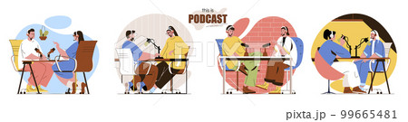 This is Podcast concept scenes set. People in headsets talking in studio, broadcasting live or recording conversation. Collection of human activities. Vector illustration of characters in flat design This is Podcast concept scenes set. People in headsets talking in studio, broadcasting live or recording conversation. Collection of human activities. Vector illustration of characters in flat design 99665481