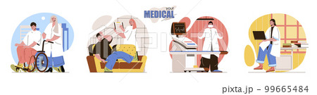 Your Medical concept scenes set. Nurse assists disabled person in wheelchair, doctor diagnoses disease, making tests. Collection of people activities. Vector illustration of characters in flat design 99665484