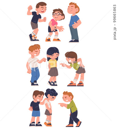 Sad kids being bullied by schoolmates set. Children laughing and mocking at upset boys and girls cartoon vector illustration Sad kids being bullied by schoolmates set. Children laughing and mocking at upset boys and girls cartoon vector illustration 99665863