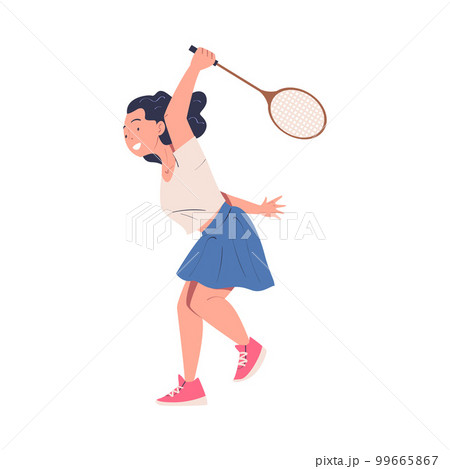 Cute happy teenage girl playing tennis. Smiling girl in white t-shirt and skirt training on court with racket cartoon vector illustration Cute happy teenage girl playing tennis. Smiling girl in white t-shirt and skirt training on court with racket cartoon vector illustration 99665867