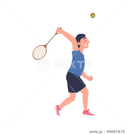 Happy teenage boy playing tennis. Teenager beating tennis ball with racket playing sports game cartoon vector illustration 99665870