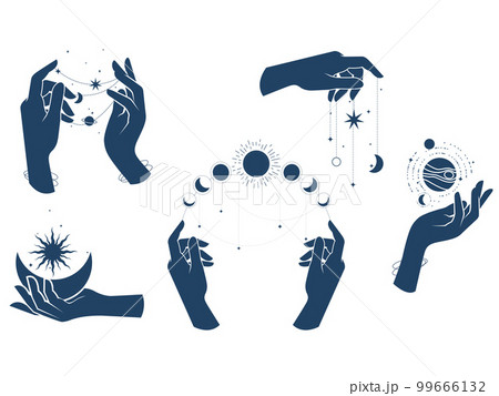 Magic, wizardry and astrology, tarot fortune-telling, woman hands doing magic spells with moon and stars, sorcery, vector 99666132
