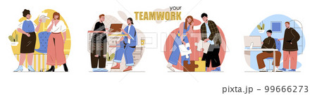 Teamwork concept scenes set. Employees work together in office, team collaborates on project, business communication. Collection of people activities. Vector illustration of characters in flat design Teamwork concept scenes set. Employees work together in office, team collaborates on project, business communication. Collection of people activities. Vector illustration of characters in flat design 99666273