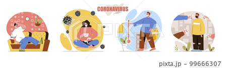Coronavirus concept scenes set. People wearing protective masks, fever is symptom of disease, pandemic covid-19. Collection of human activities. Vector illustration of characters in flat design 99666307