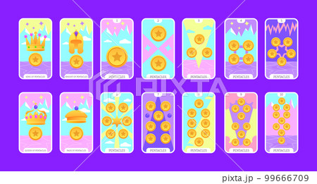 Tarot cards flat deck cartoon. Taro card minor arcanas suit of coins, occult vector game set. Full pentacle pack of spiritual signs Ace, King, Queen, Knight, Page, Two to Ten esoteric magic and 99666709