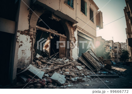 Earthquake. destruction of buildings, breakdowns.. Illustration AI Generative Earthquake. destruction of buildings, breakdowns.. Illustration AI Generative 99666772