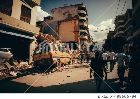 Earthquake. destruction of buildings, breakdowns.. Illustration AI Generative 99666794