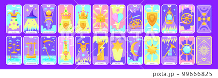 Tarot cards flat deck cartoon. Taro card major arcanas occult vector game set. Full pack of spiritual signs with esoteric magic and astrology symbols. Isolated colored graphic illustrations EPS 99666825