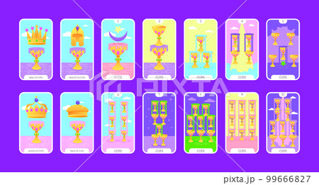 Tarot cards flat deck cartoon. Taro card minor arcanas suit of cups, occult vector game set. Full goblets pack of spiritual signs Ace, King, Queen, Knight, Page, Two to Ten esoteric magic and 99666827