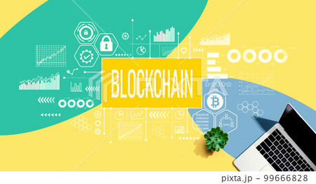 Blockchain theme with a laptop computer 99666828